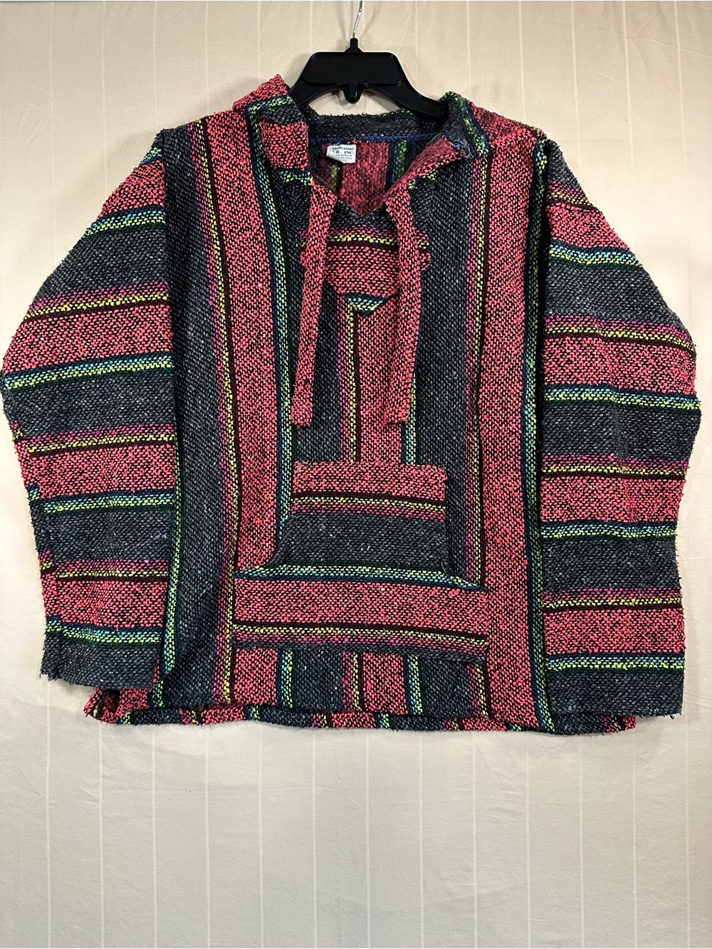 Vintage Artesanias F.R. Inc Striped Grunge Mexican Baja Jerga Hoodie Pullover
